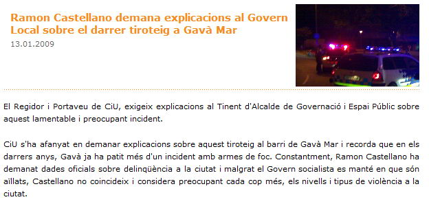 Not&iacute;cia publicada a la web de CiU de Gav&agrave; sobre el tiroteig produ&iuml;t a Gav&agrave; Mar entre narcotraficants (13 de Gener de 2009)